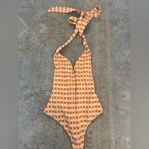 Free People Orange and White Checkered bodysuit
